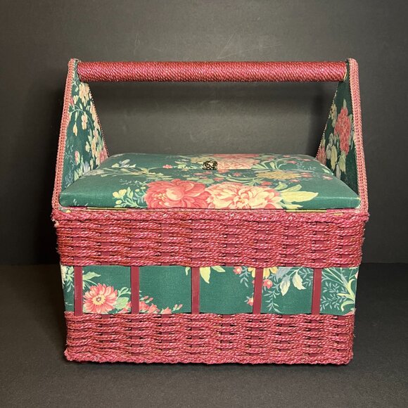 Vintage Burgundy & Green Floral Print Double Door Hinge Sewing Box w/ Handle - Picture 5 of 9